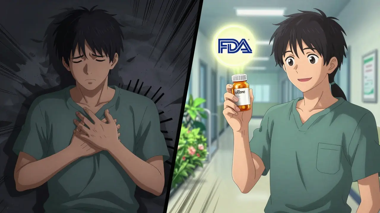 Patient comparing generic and authorized generic pills, one causing distress, the other bringing peace.