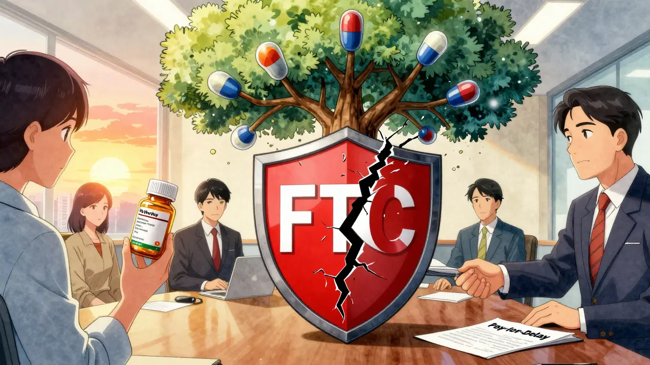 Patient with affordable medicine vs. corporate pay-for-delay deal, surrounded by a dense patent tree.