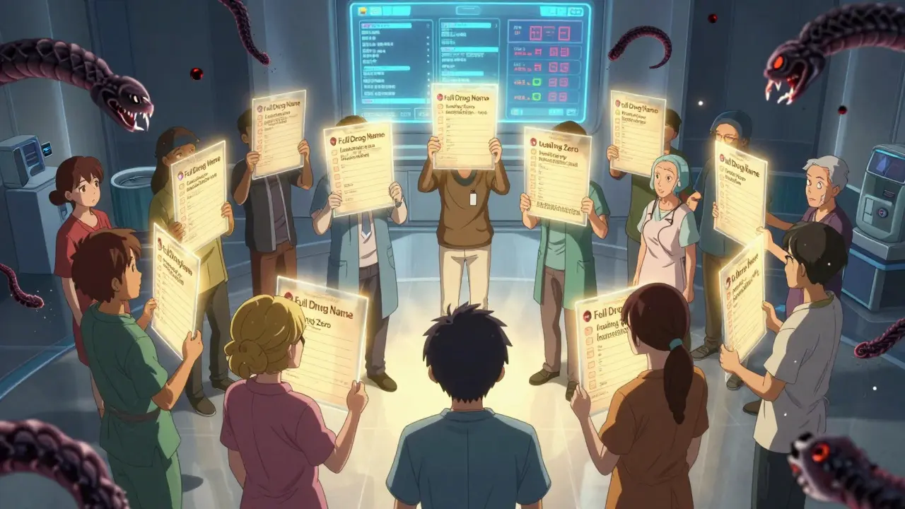 Patients hold glowing checklists that destroy dangerous medication errors in a radiant circle.