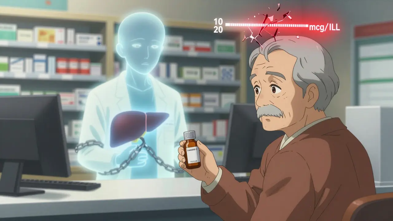 Pharmacist giving heartburn medicine to elderly patient, with a chained liver enzyme in background and rising toxic levels above head.