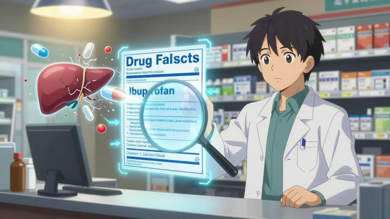 Pharmacist holding a glowing Drug Facts label with animated pills colliding, showing internal organ warnings.