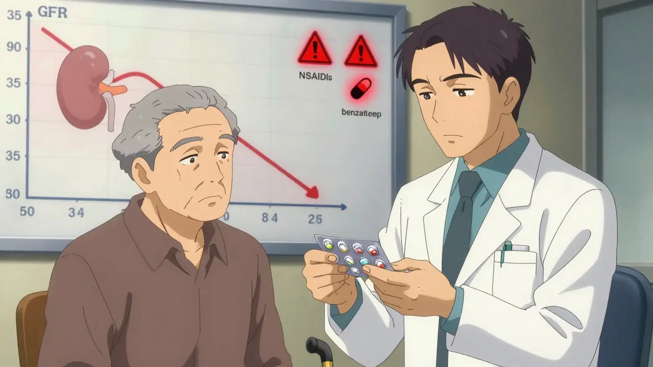 Pharmacist reviewing daily blister packs for an older patient, with a declining kidney function graph in the background.