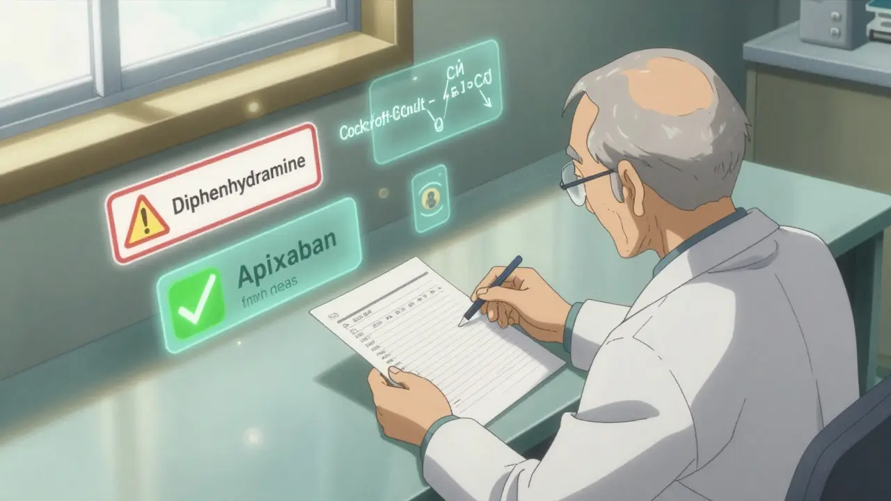Pharmacist reviewing medication chart with floating medical symbols in a clinic setting.
