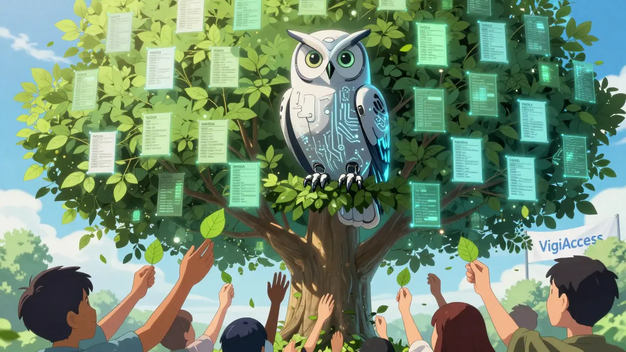 Robotic owl AI analyzing a tree of millions of drug safety reports, with diverse hands contributing new data.