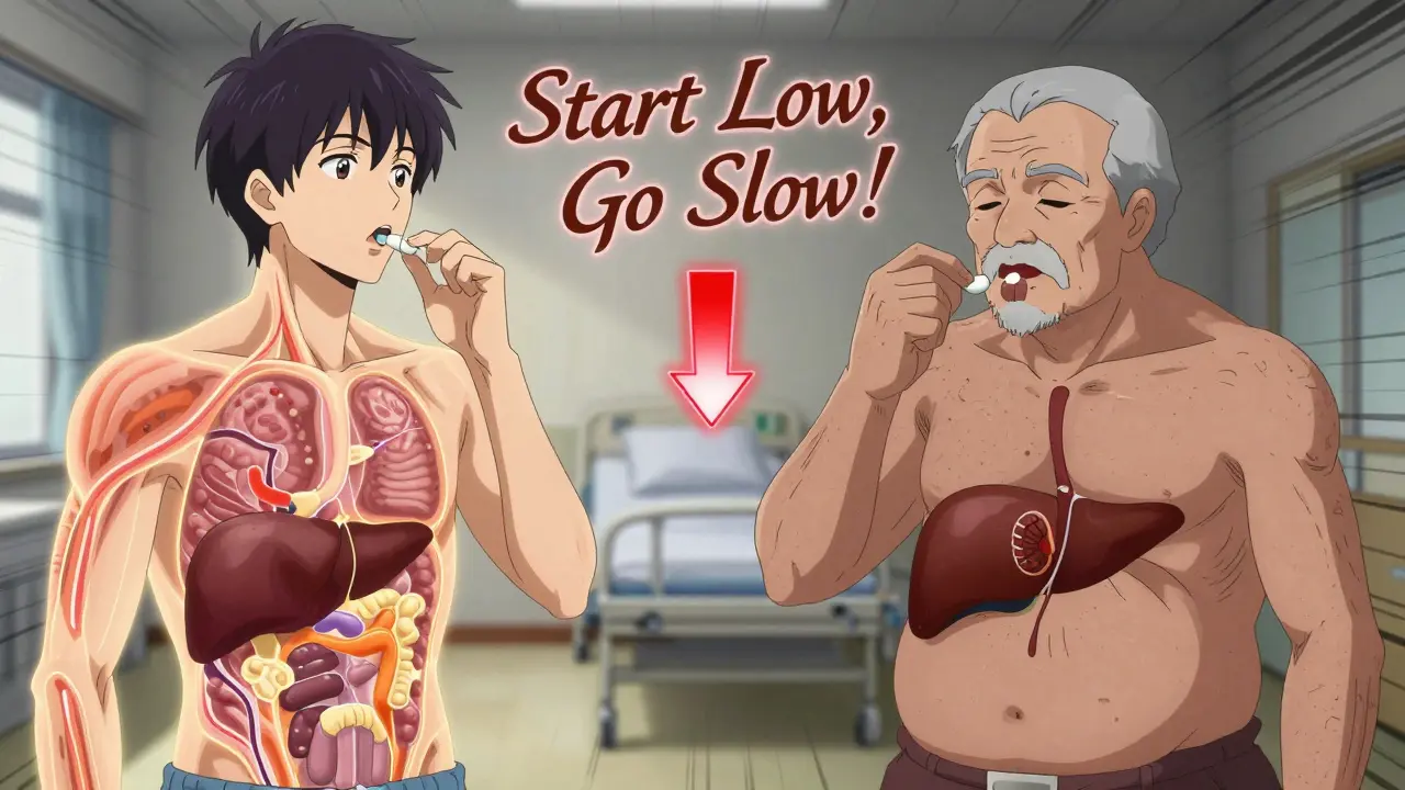 Split image comparing young and elderly body processing of the same medication, with warning signs pointing to hospitalization.