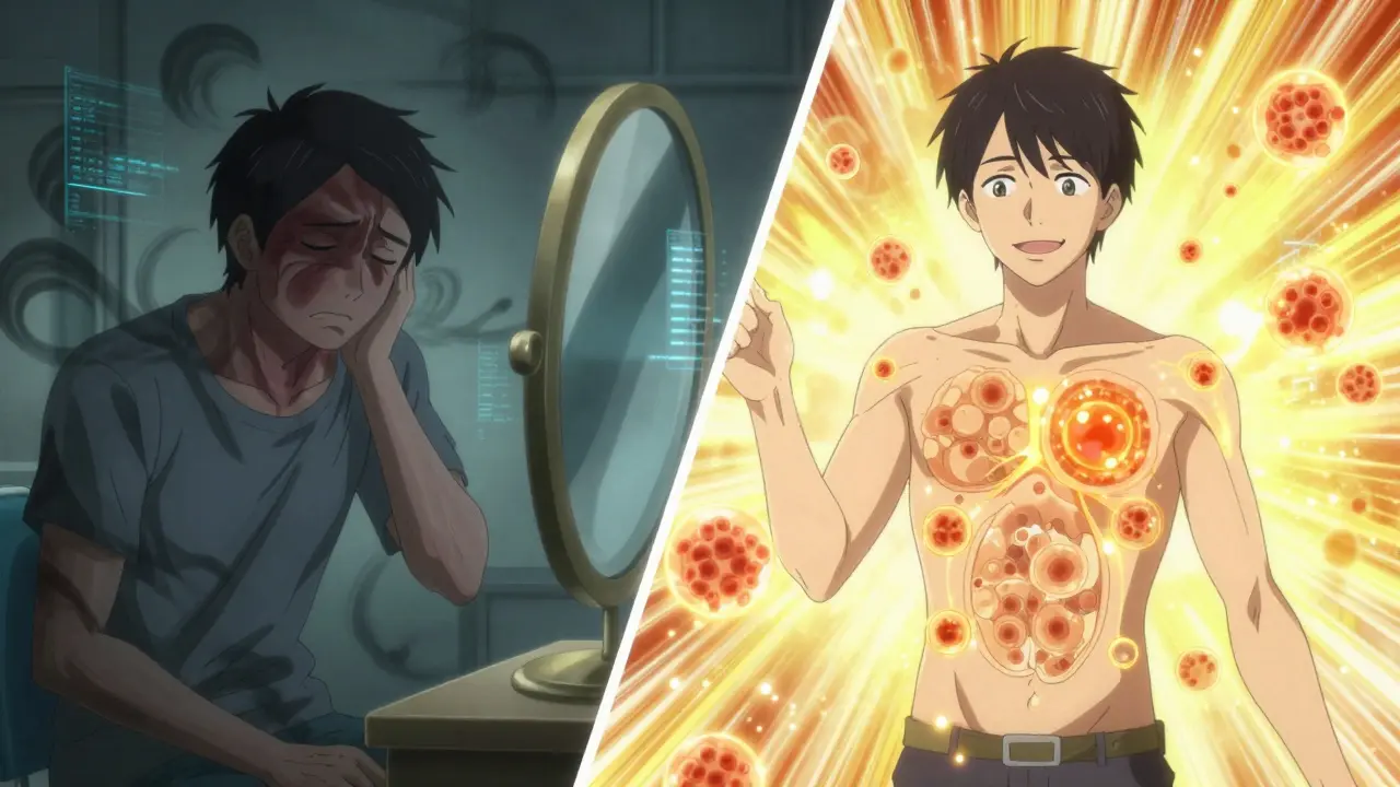 Split image showing a patient’s perceived symptoms fading into stable health after switching biologics.