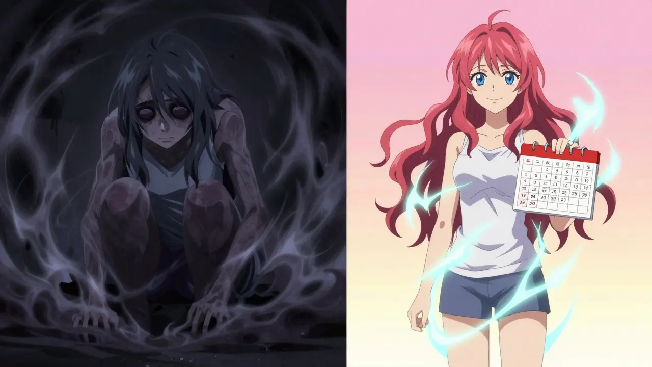 Split image showing recovery from hypothyroidism with energy contrast