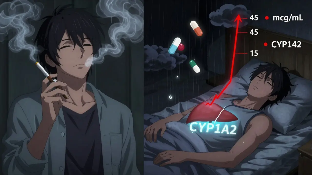 Split image: smoker with stable theophylline levels vs. same person after quitting smoking, with dangerous blood level spike and dim liver.