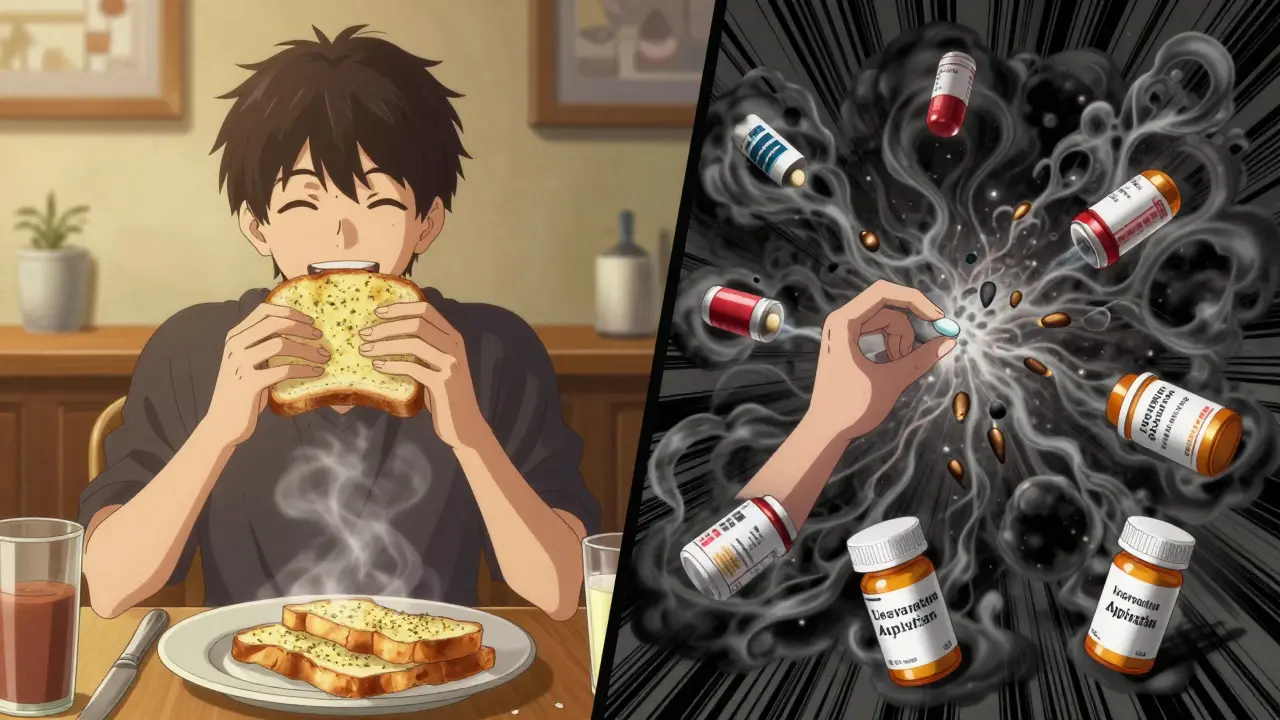 Split scene: person eating garlic bread safely vs. taking supplement with toxic ajoene smoke mixing with blood thinner pills.