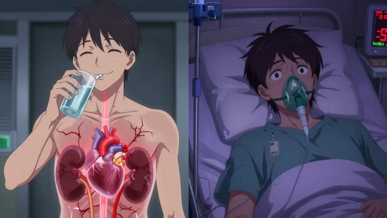 Split scene: person taking naproxen with transparent organs showing damage, later hospitalized with medical monitors.