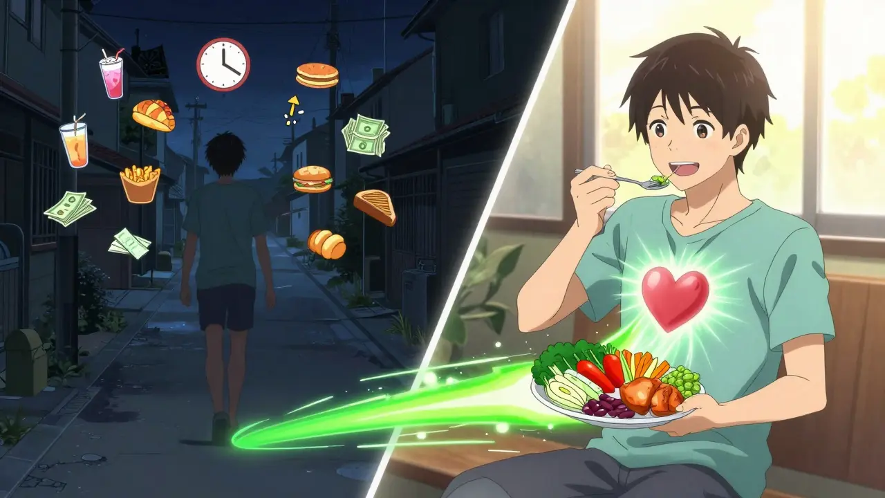 Split scene showing a person transitioning from unhealthy habits to a vibrant, healthy lifestyle with glowing energy.