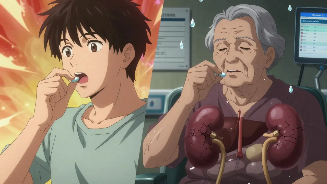 Split scene: young adult vs. elderly person taking same pill, showing slowed drug metabolism.