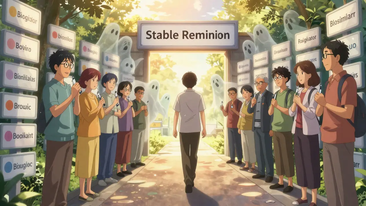 Symbolic path from originator drugs to biosimilars leading to remission, with diverse patients ahead.