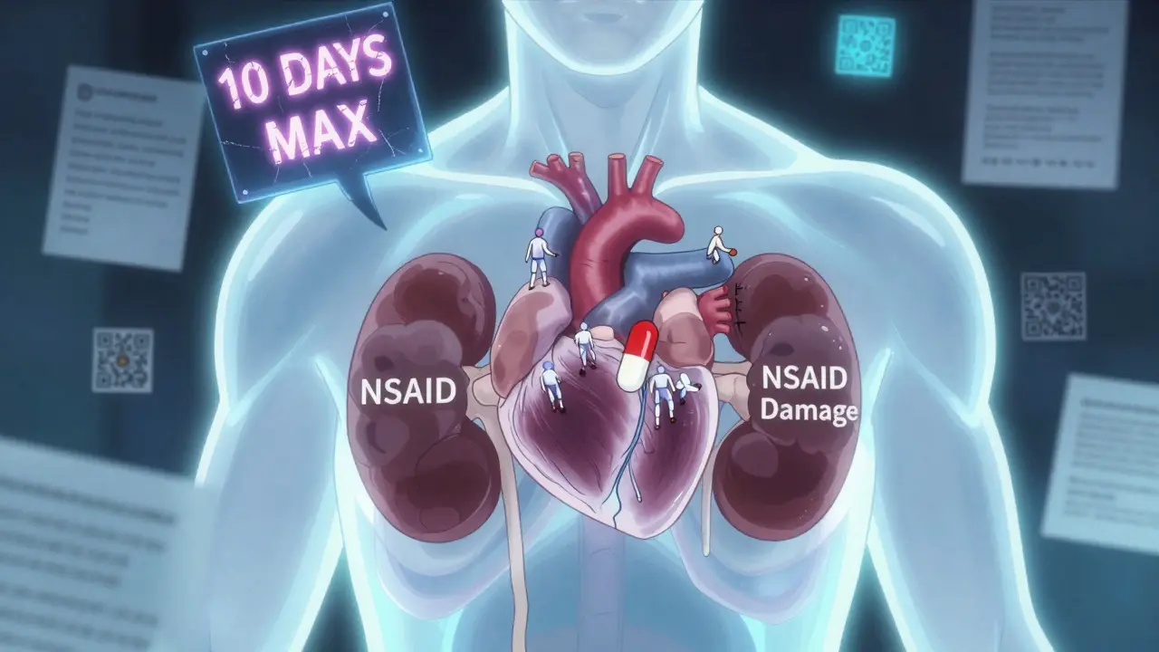 Translucent human torso with heart and kidneys under attack by pill symbols, floating '10 DAYS MAX' sign above.