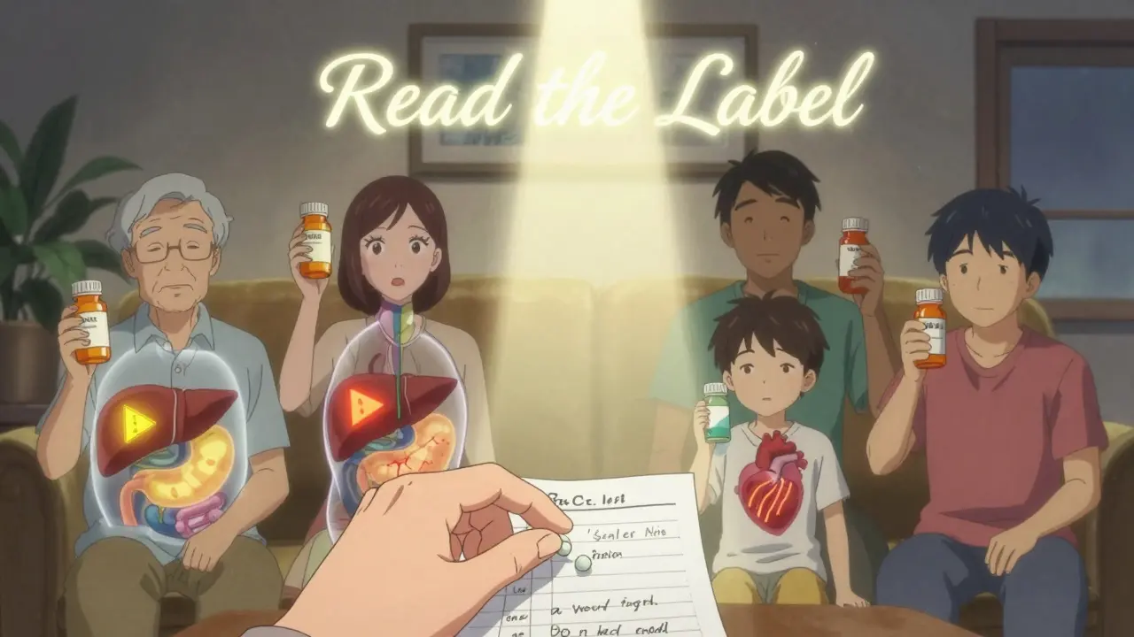 Transparent figures holding OTC meds, internal organs glowing with warnings, light shining on a pill organizer.