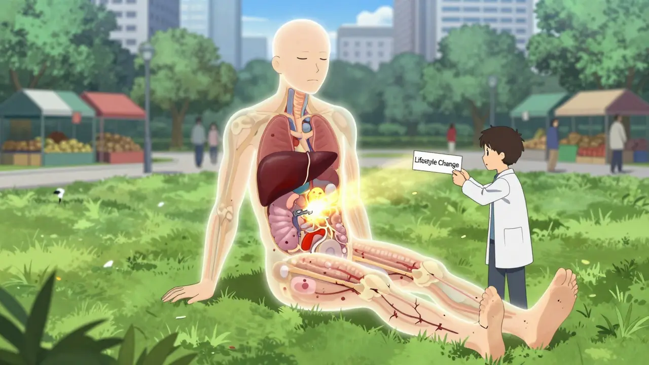 Transparent human body with damaged organs being healed by a glowing key labeled 'Lifestyle Change.'