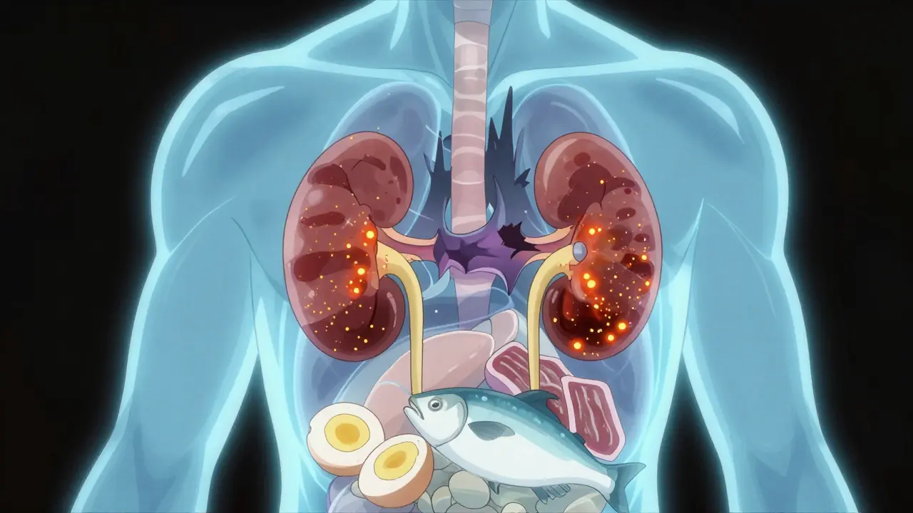 Transparent human torso showing kidneys filtering phosphorus from food, with harmful additives glowing darkly.