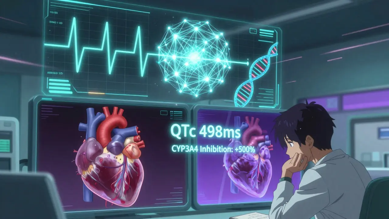 A futuristic AI analyzing T-wave shapes and DNA strands above an ECG screen, with data overlays showing QT prolongation risks.