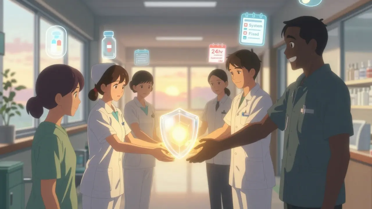A glowing chain of hands passes a safety shield through a clinic, symbolizing patient and staff collaboration for safety.