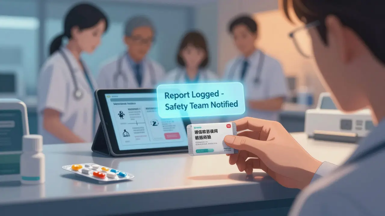 A patient photographs a medication package while a digital notification appears above, staff review safety data in background.
