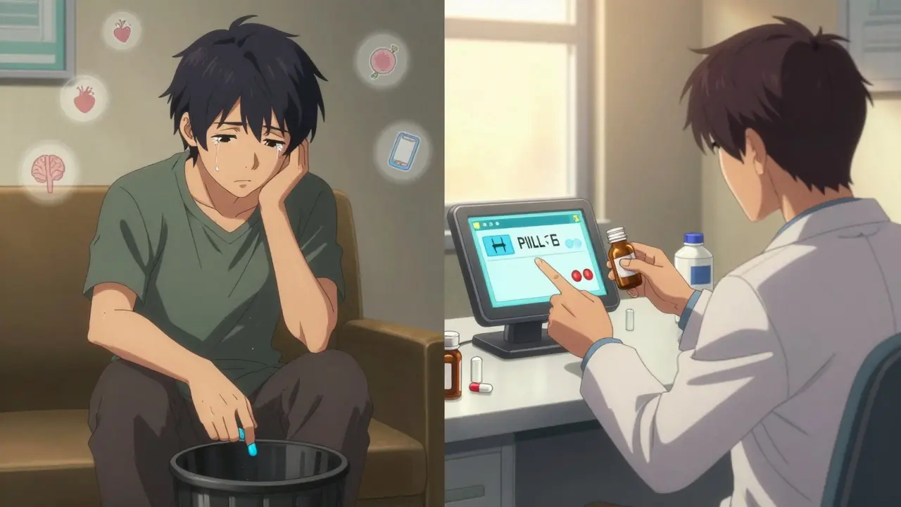 A patient throws away medication on one side, then confidently checks a pill with a pharmacist on the other.