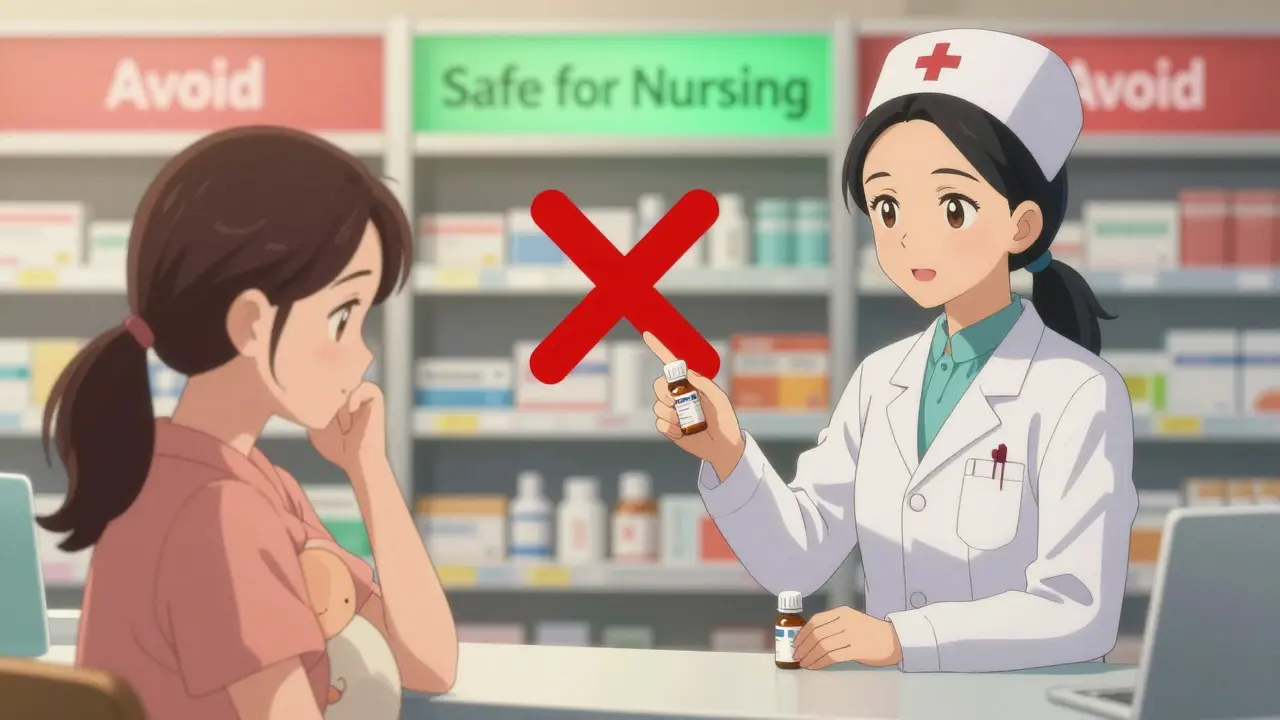 A pharmacist recommends cetirizine to a breastfeeding mother while rejecting a multi-symptom cold medicine.