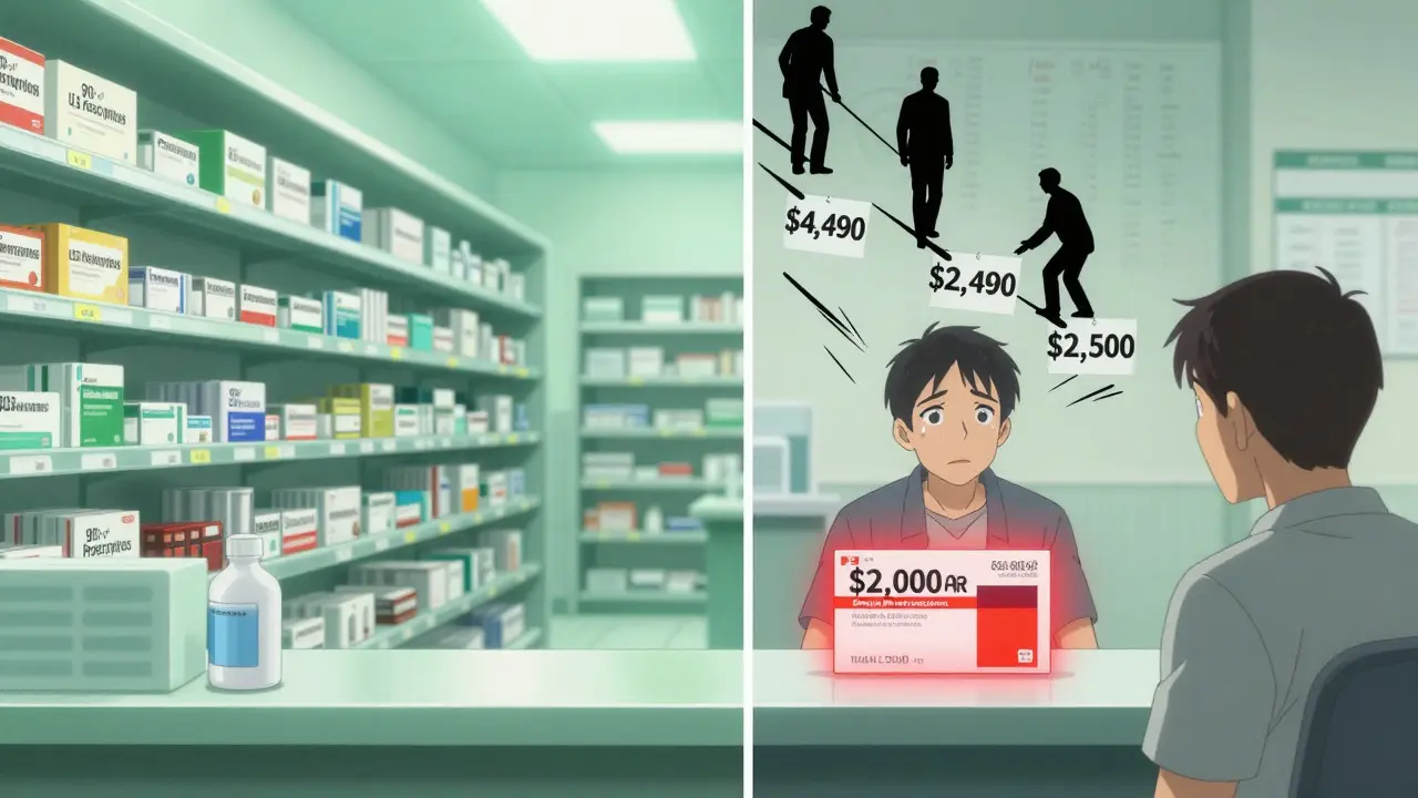 A split pharmacy shelf shows cheap generics on one side and an expensive brand-name drug on the other, with Medicare negotiators lowering the price.