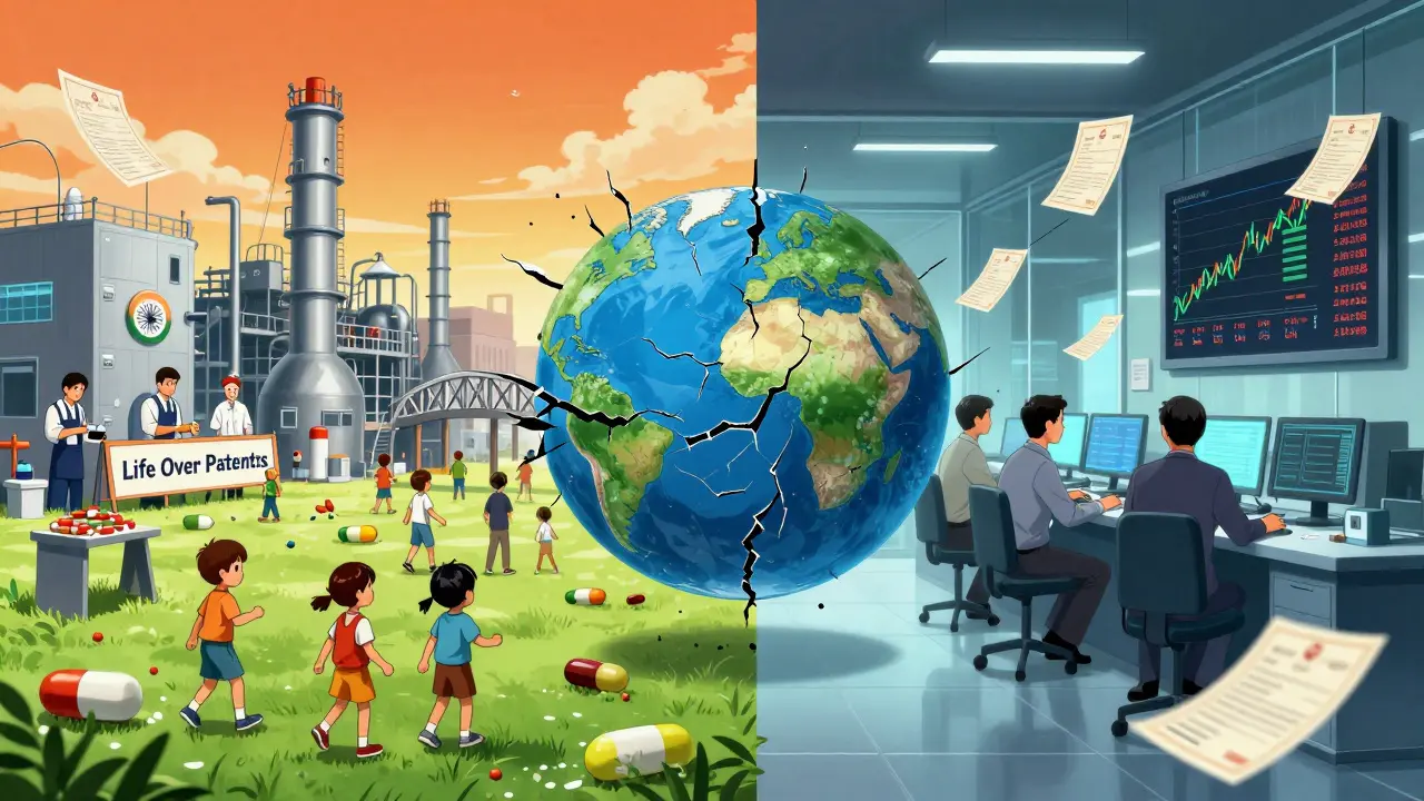 A split scene contrasts a vibrant generic drug factory with a cold corporate lab, separated by a cracked globe symbolizing global inequality.