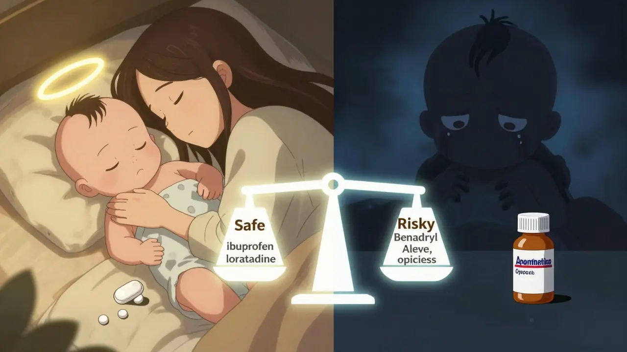 A split scene contrasts safe medications for nursing mothers with risky ones, shown through symbolic lighting and expressions.