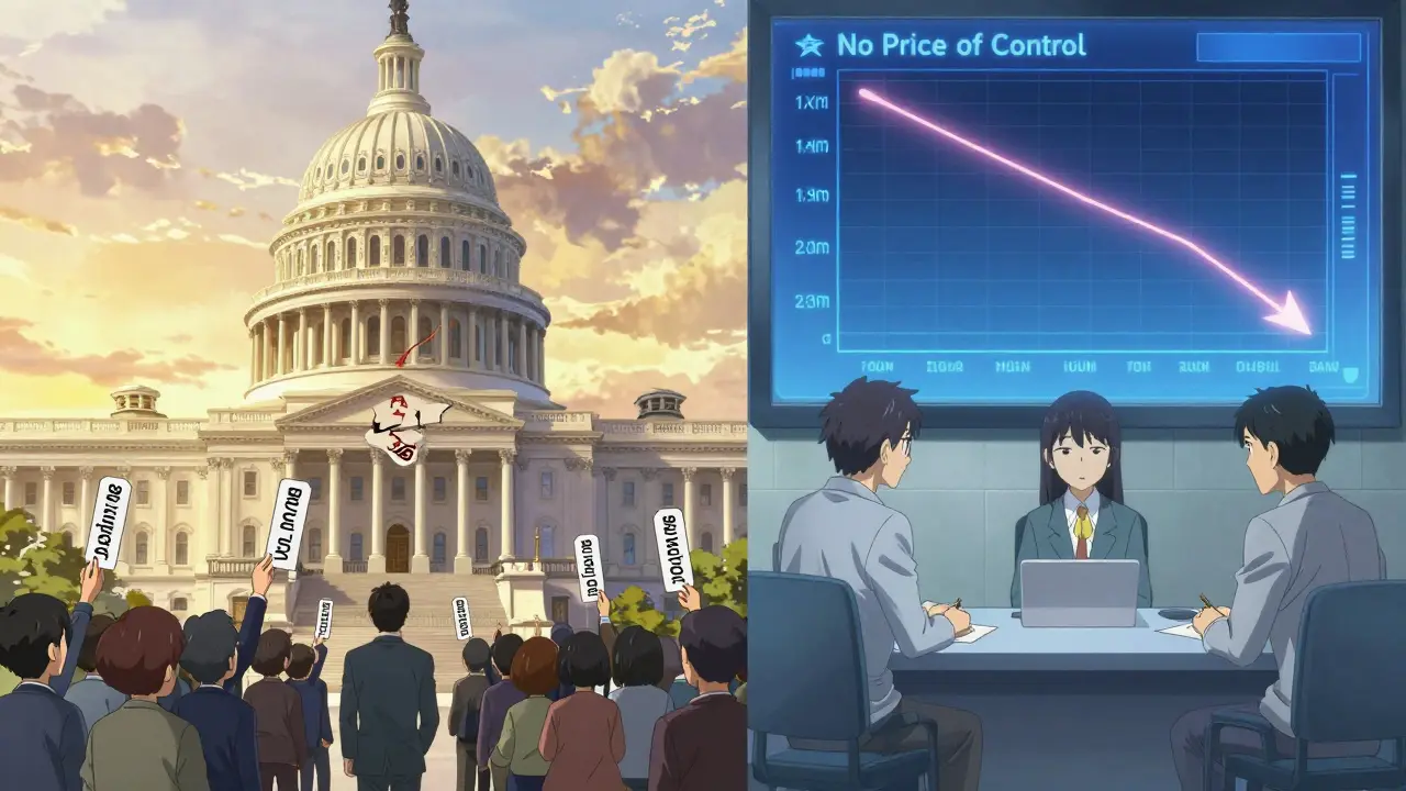 A U.S. government building with a broken 'No Price Control' sign contrasts with Japan's calm price negotiation, showing global drug pricing disparities.