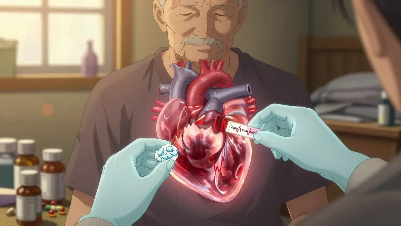 An elderly man's heart showing dangerous arrhythmia, stabilized by potassium tablets and a blood test under warm sunlight.