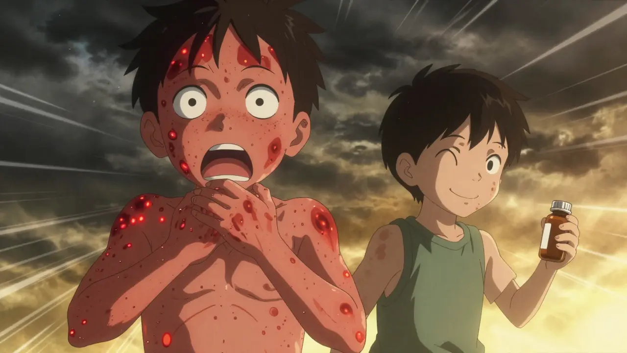 Contrasting images: one child with spreading hives and swelling, another with mild rash and pill bottle.