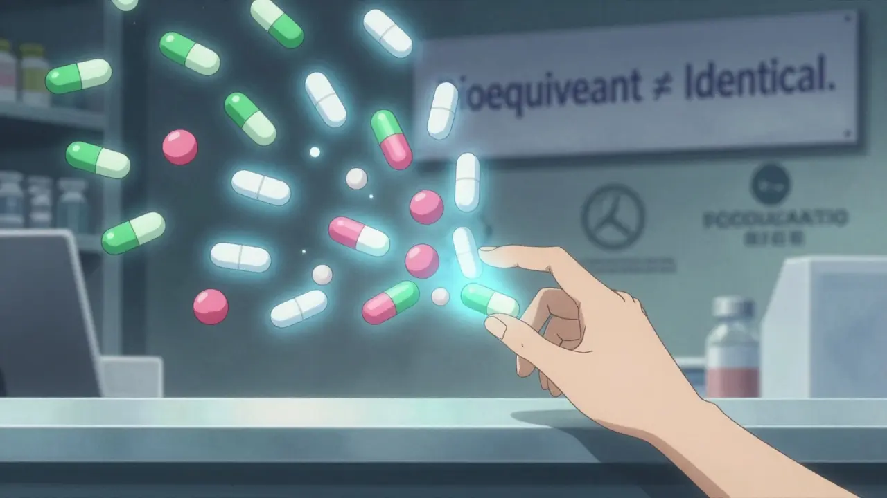 Dozens of differently shaped generic pills float in the air, transforming into one consistent pill under a blue glow.