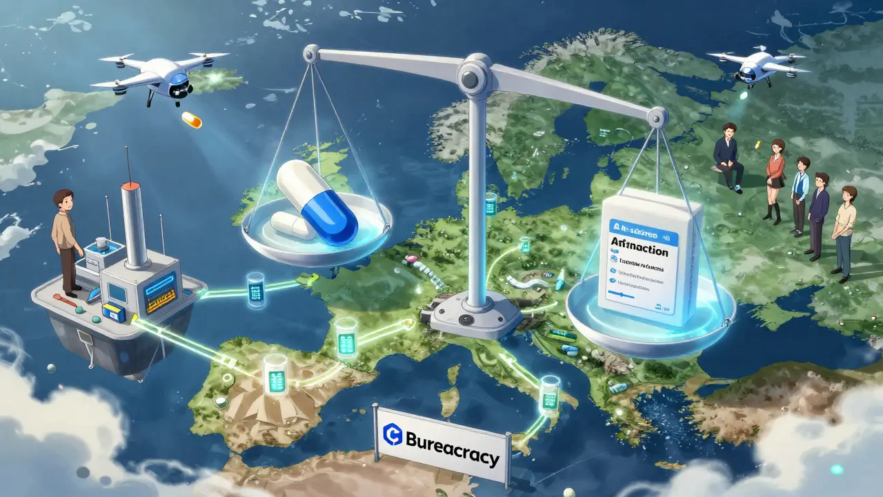 Floating digital marketplace in Europe showing sustainable drug supply chains connecting factories to hospitals.