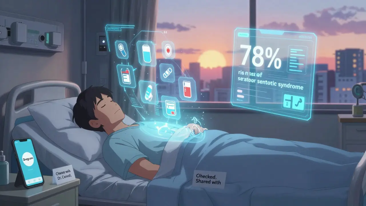 Holographic drug interaction analysis floating above a sleeping man, with AI severity predictions and Drugs.com logo visible on phone.