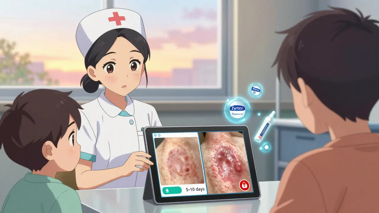 Pediatric nurse using tablet to show rash comparison, floating medication icons, sunrise through window.