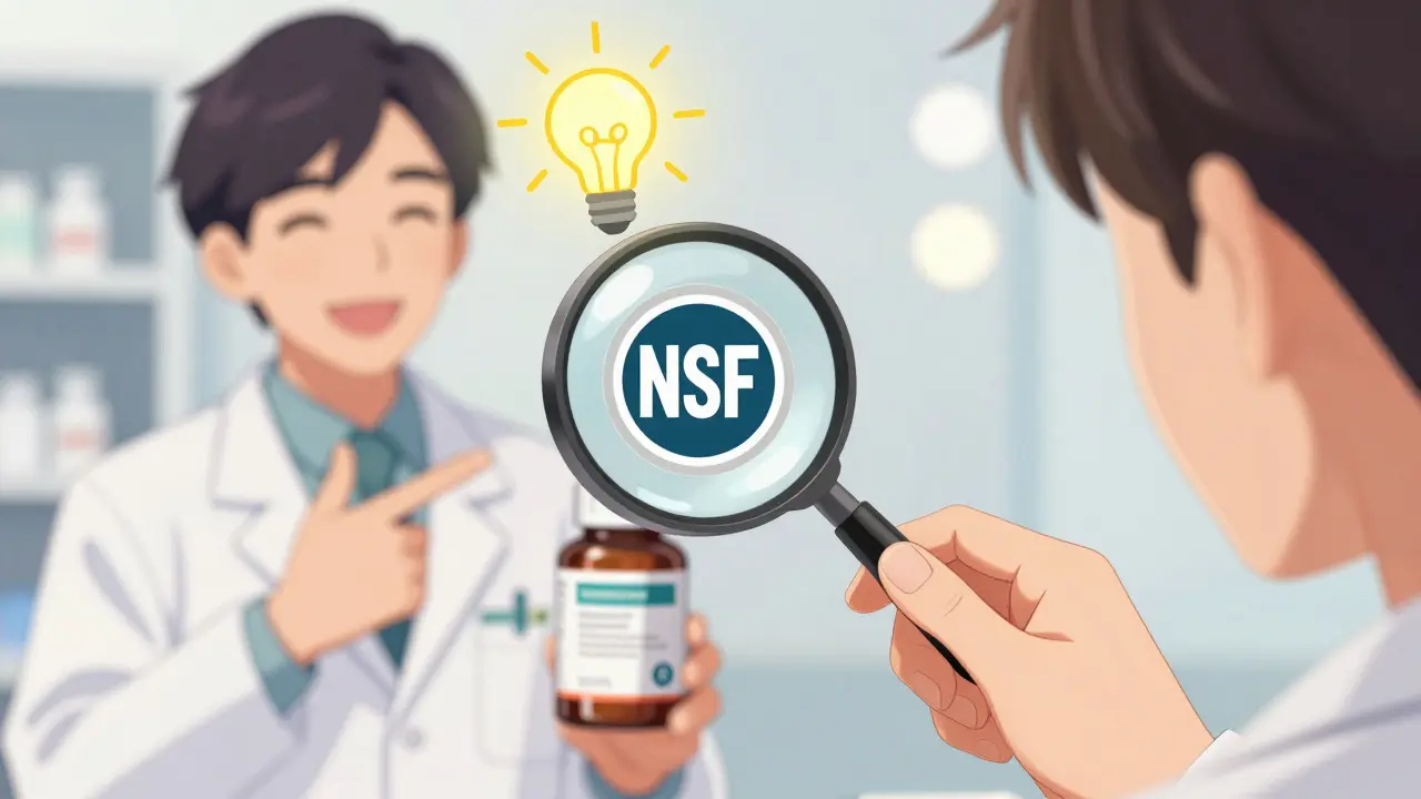 Person checking supplement for NSF certification seal with pharmacist's guidance