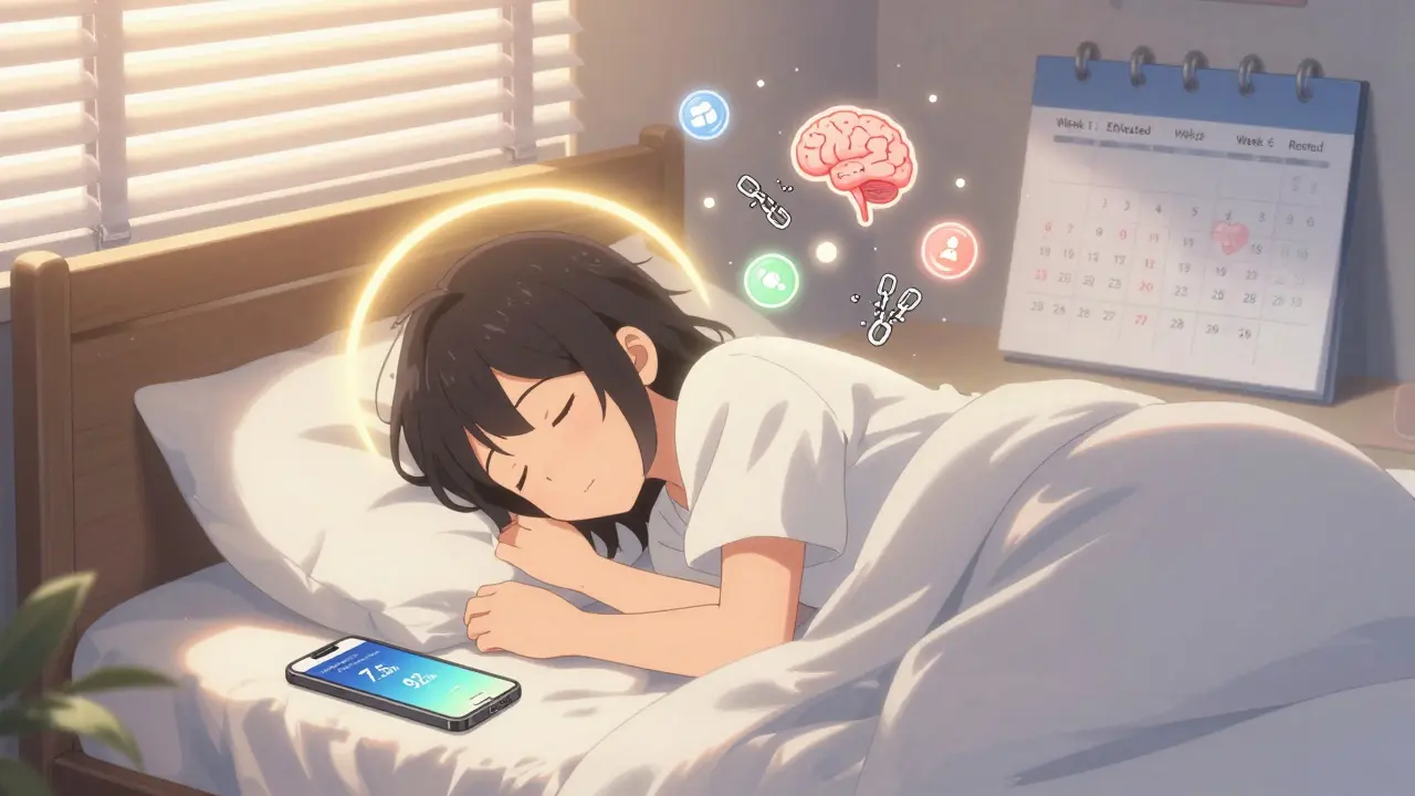 Person sleeping peacefully at dawn, with digital sleep metrics and symbols of recovery floating nearby.