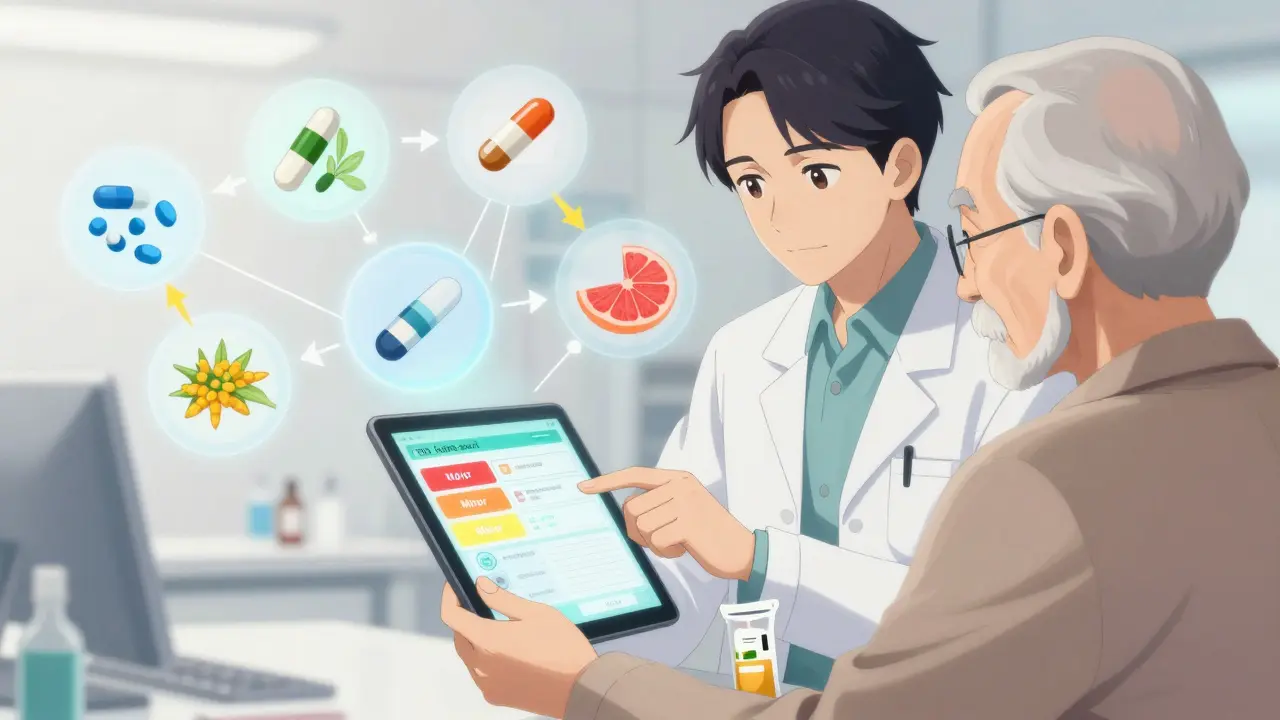 Pharmacist and elderly patient reviewing medication interaction report on tablet with color-coded warning icons floating around them.