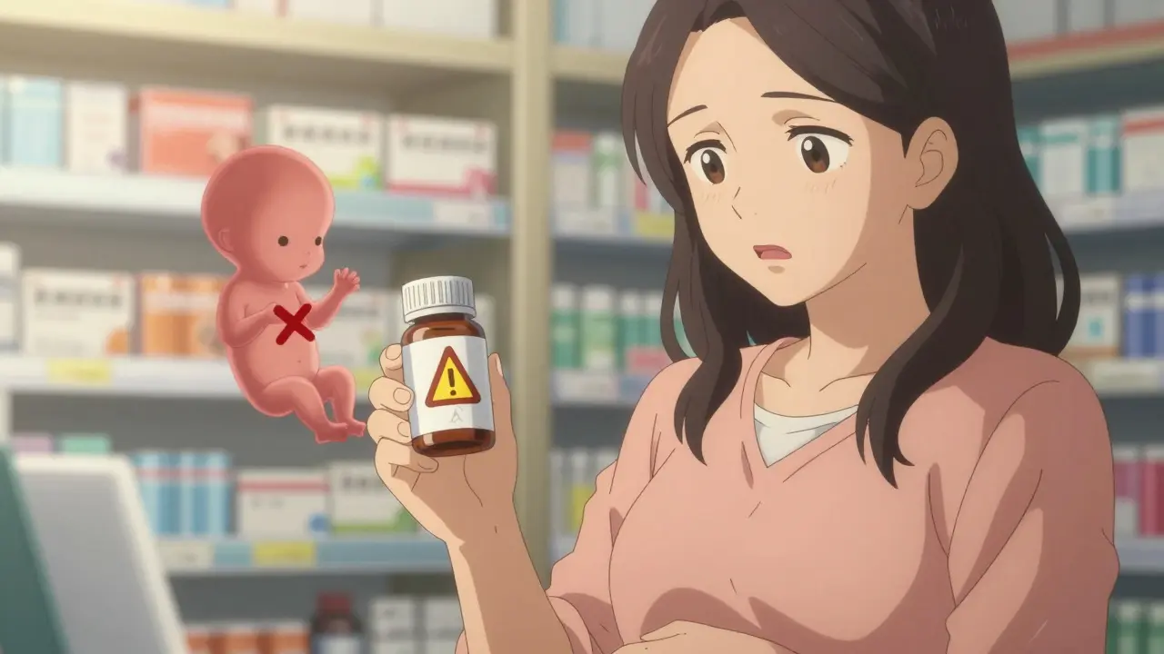 Pregnant woman holding supplement with faint warning compared to clear medication pregnancy alert
