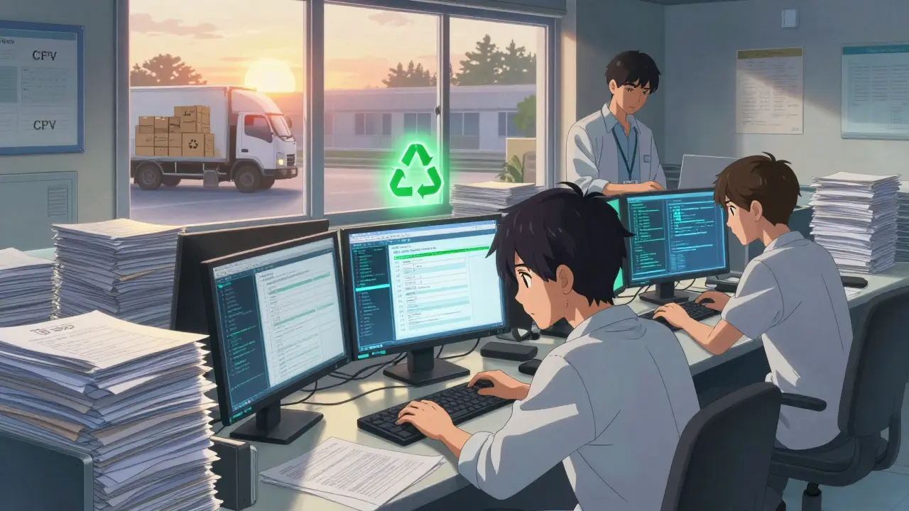 Small pharmacy team working late to complete digital ESPD forms amid piles of rejected paperwork.