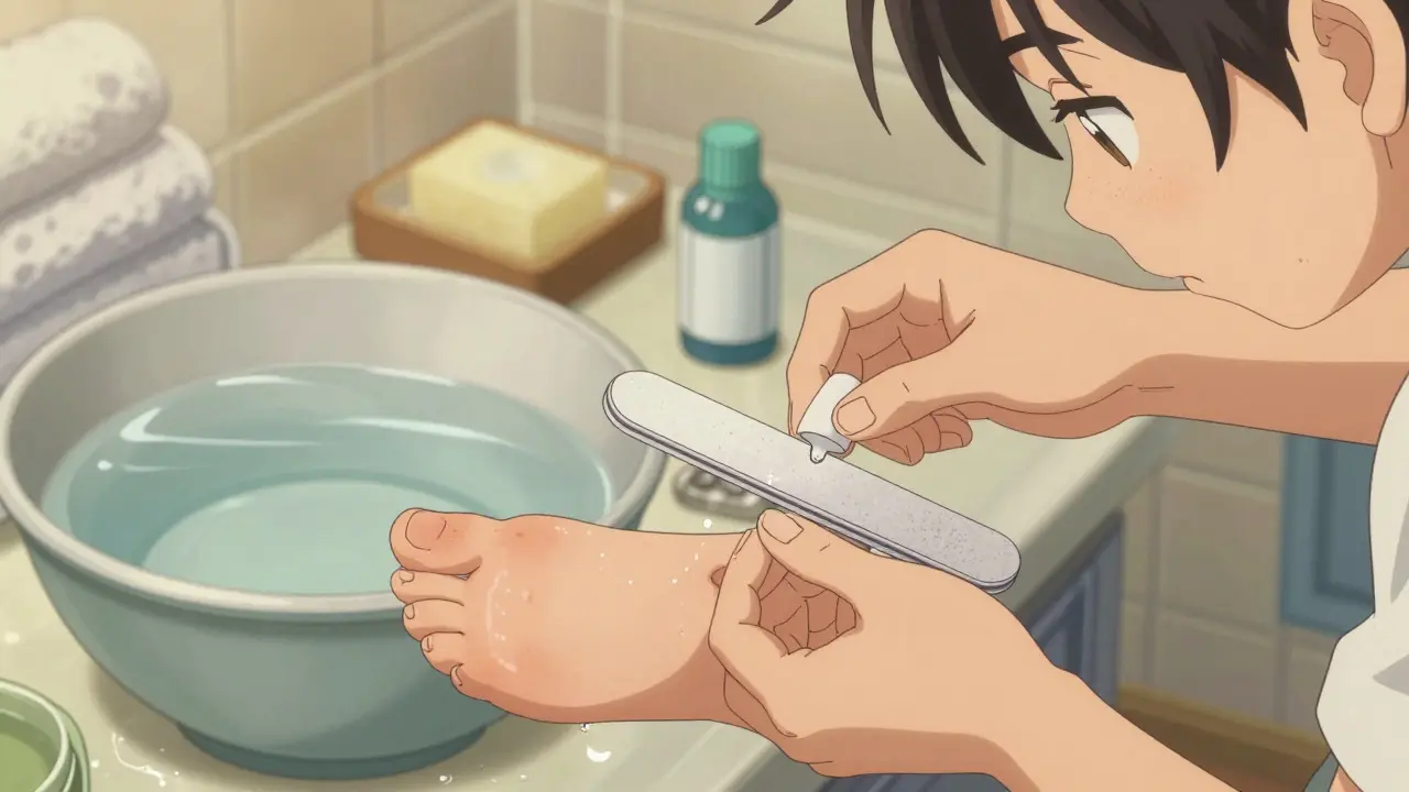 Teen applying salicylic acid to a wart on foot during treatment.