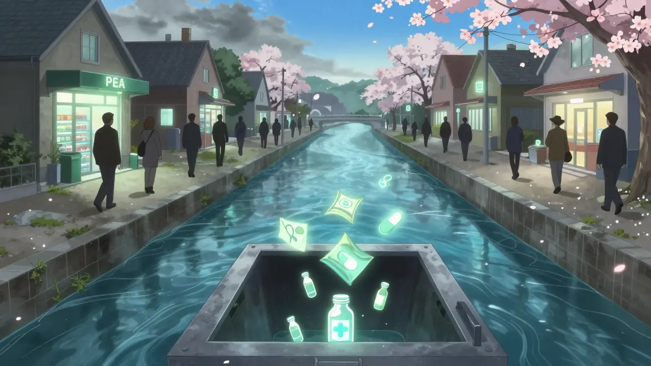 A clean river flowing past town buildings as sealed medication containers disappear into a disposal chute, symbolizing safe drug disposal and environmental protection.