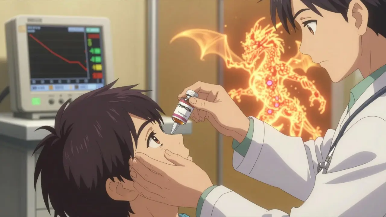 A doctor tapering steroid treatment while a biologic drug visually suppresses eye inflammation.