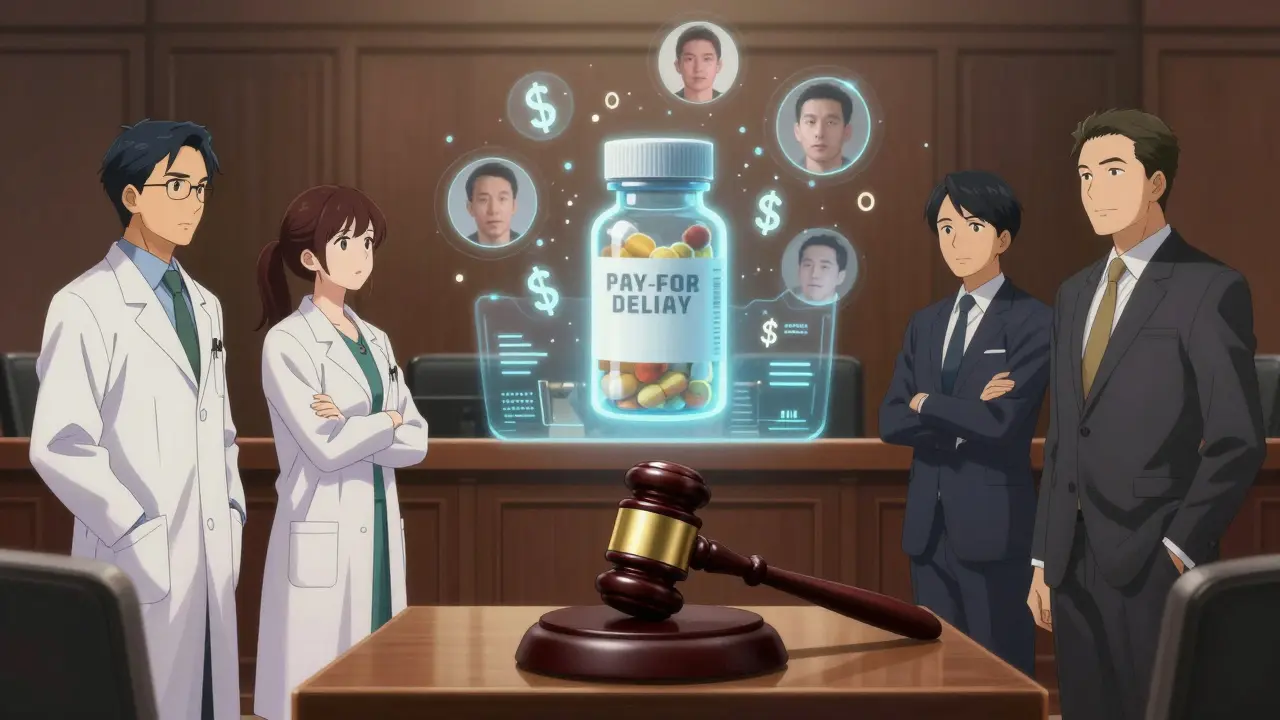 A dramatic courtroom scene with holographic drug bottles and dollar signs above opposing legal teams.