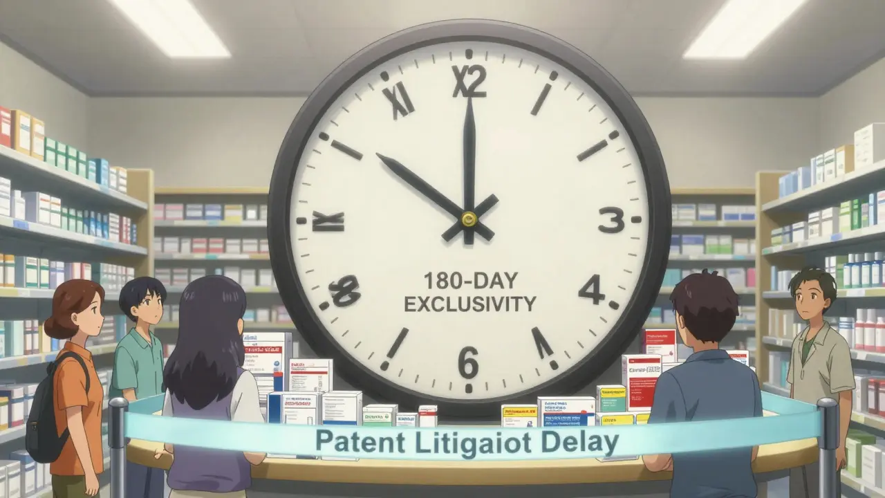 A giant clock frozen at 180 days, blocking stacks of generic drugs while patients look on from outside a pharmacy.