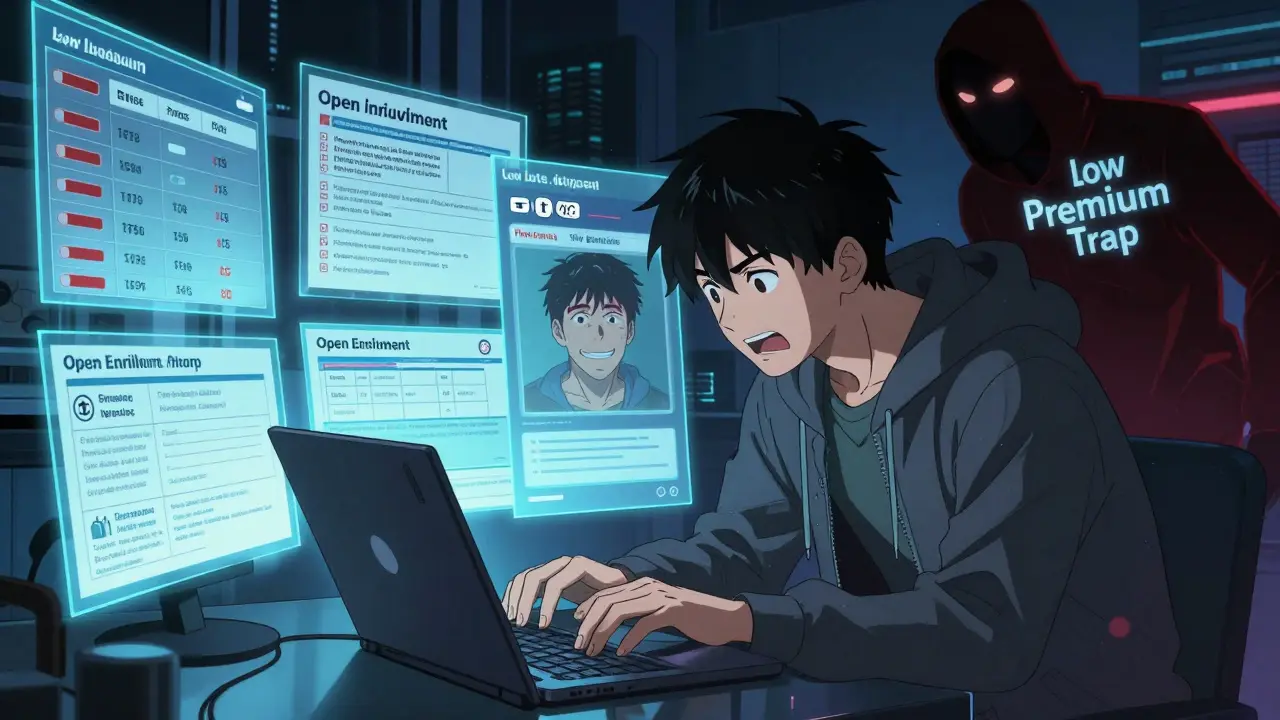 A young man at night typing on a laptop surrounded by floating drug tier panels and a countdown timer to enrollment, shadowy figure looming behind him.