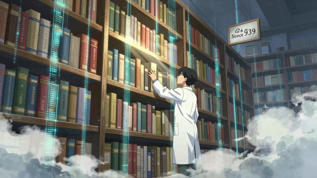An ancient data bookshelf glows with drug records, a researcher reaches for a labeled application number in a futuristic library.