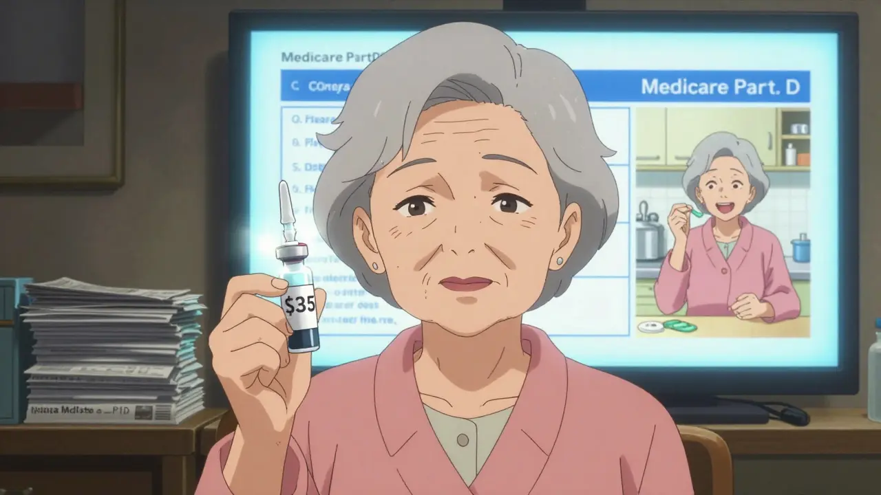 An elderly woman holding insulin with a  price tag, standing before a Medicare plan comparison screen, emotional contrast between dark bills and bright kitchen.