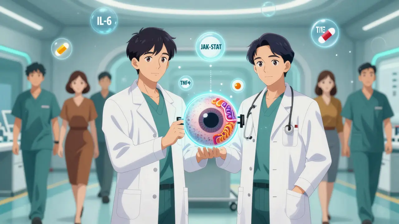 An ophthalmologist and rheumatologist collaborating with a 3D model of the eye and immune pathways.